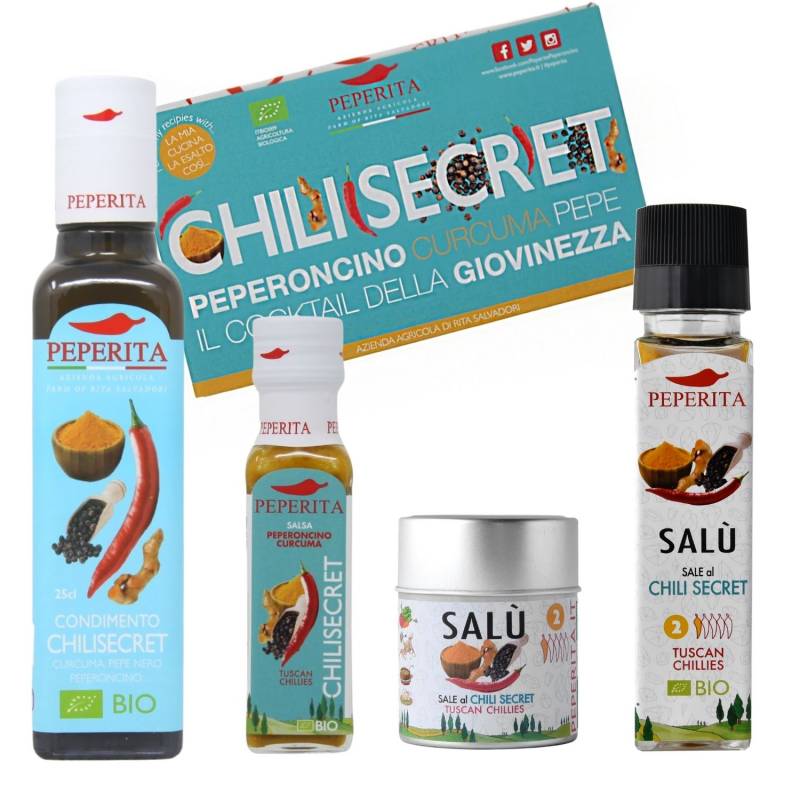 'Chili Secret' Kit mit 4 Bio-Kurkuma-, Pfeffer- und Chiliprodukten
