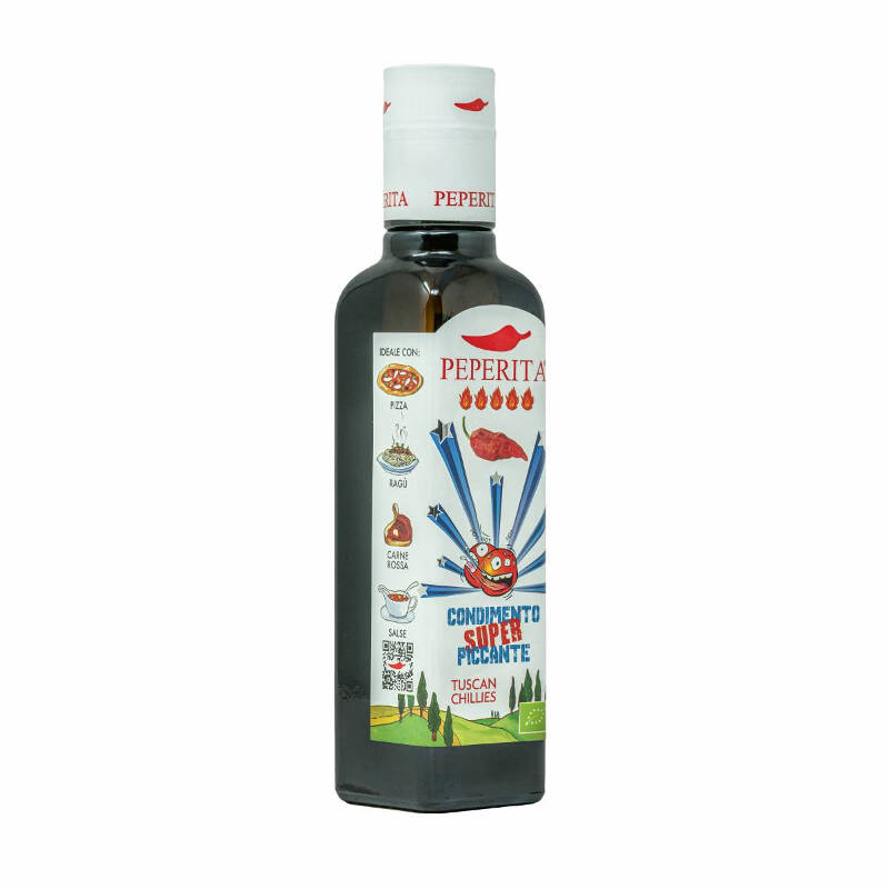 EVO Oil Dressing with a mixture of Organic Super Hot Peppers, cold processed