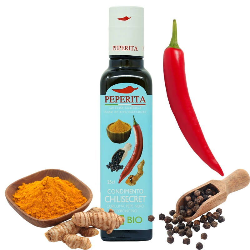 Bio Chili-Öl 'ChiliSecret' mit Kurkuma und Pfeffer