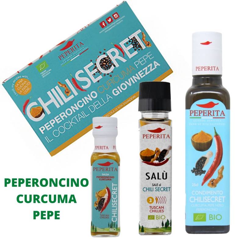 'Chili Secret' Kit mit 3 Bio-Kurkuma-, Pfeffer- und Chiliprodukten