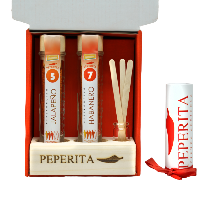 Porta peperoncino da tavolo con due polveri di Peperoncino Bio Jalapeno e Habanero Red Savina + palette degustazione
