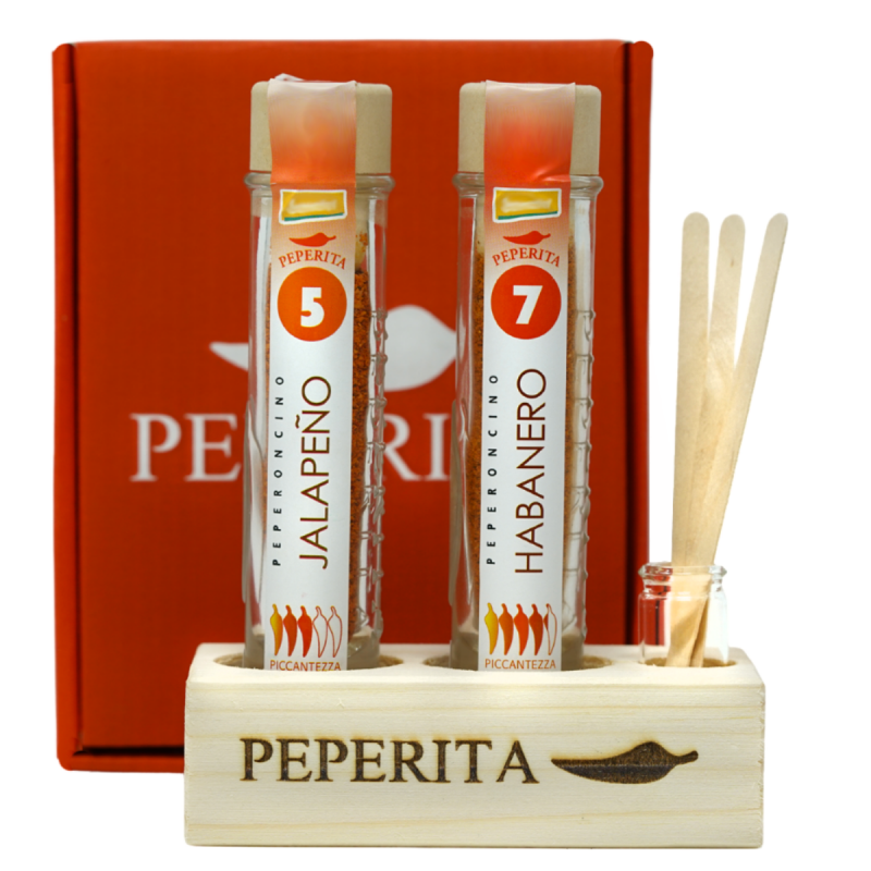 Porta peperoncino da tavolo con due polveri di Peperoncino Bio Jalapeno e Habanero Red Savina + palette degustazione