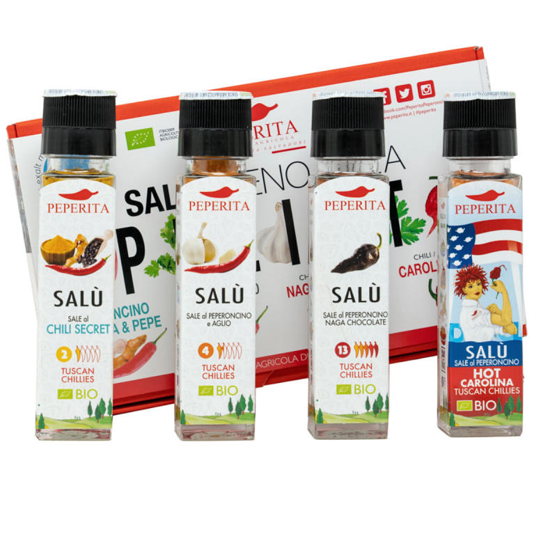 Kit 4 Salts 'Salt less, Salt spicy' - ChiliSecret, Naga Chocolate, Carolina Reaper and Garlic&Pepper