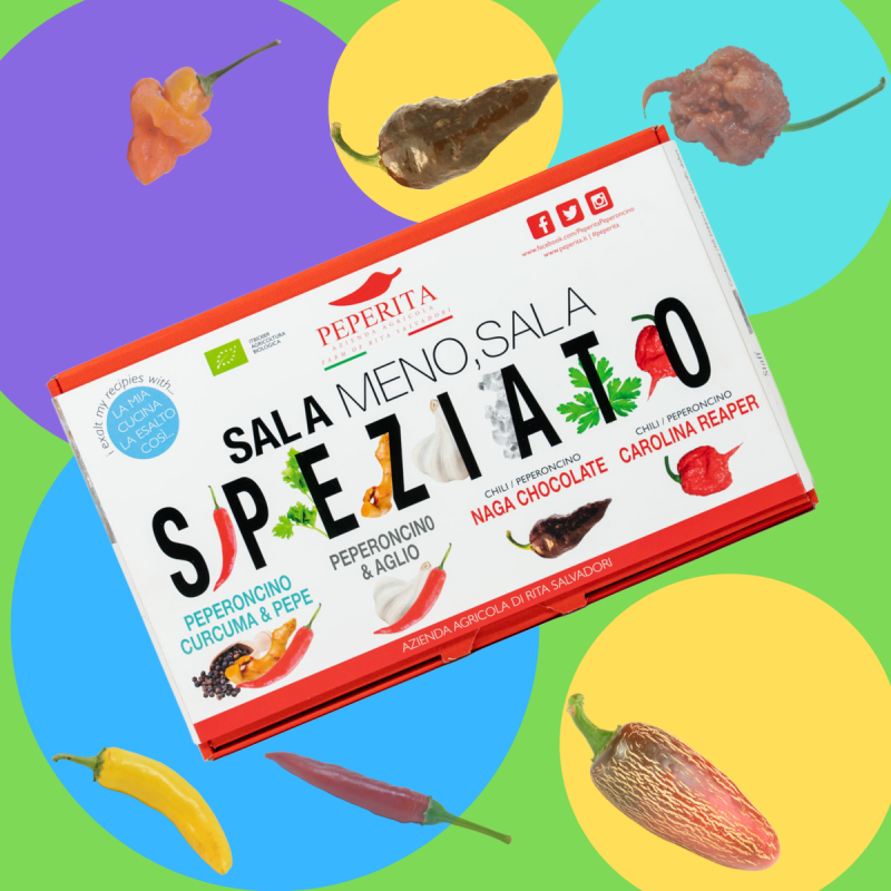 Kit 4 Sali 'Sala meno Sala speziato' Bio - ChiliSecret, Peperoncino Naga Chocolate, Carolina Reaper e Aglio&Peperoncino