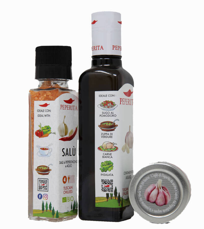 Kit 3 Products 'Salt, Garlic and Chilli' - 1 EVO oil Dressing with garlic, 1 Salt Chilli and Garlic and 1 Garlic Pasta