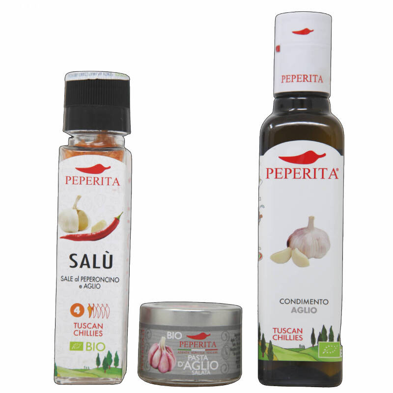 Kit 3 Products 'Salt, Garlic and Chilli' - 1 EVO oil Dressing with garlic, 1 Salt Chilli and Garlic and 1 Garlic Pasta